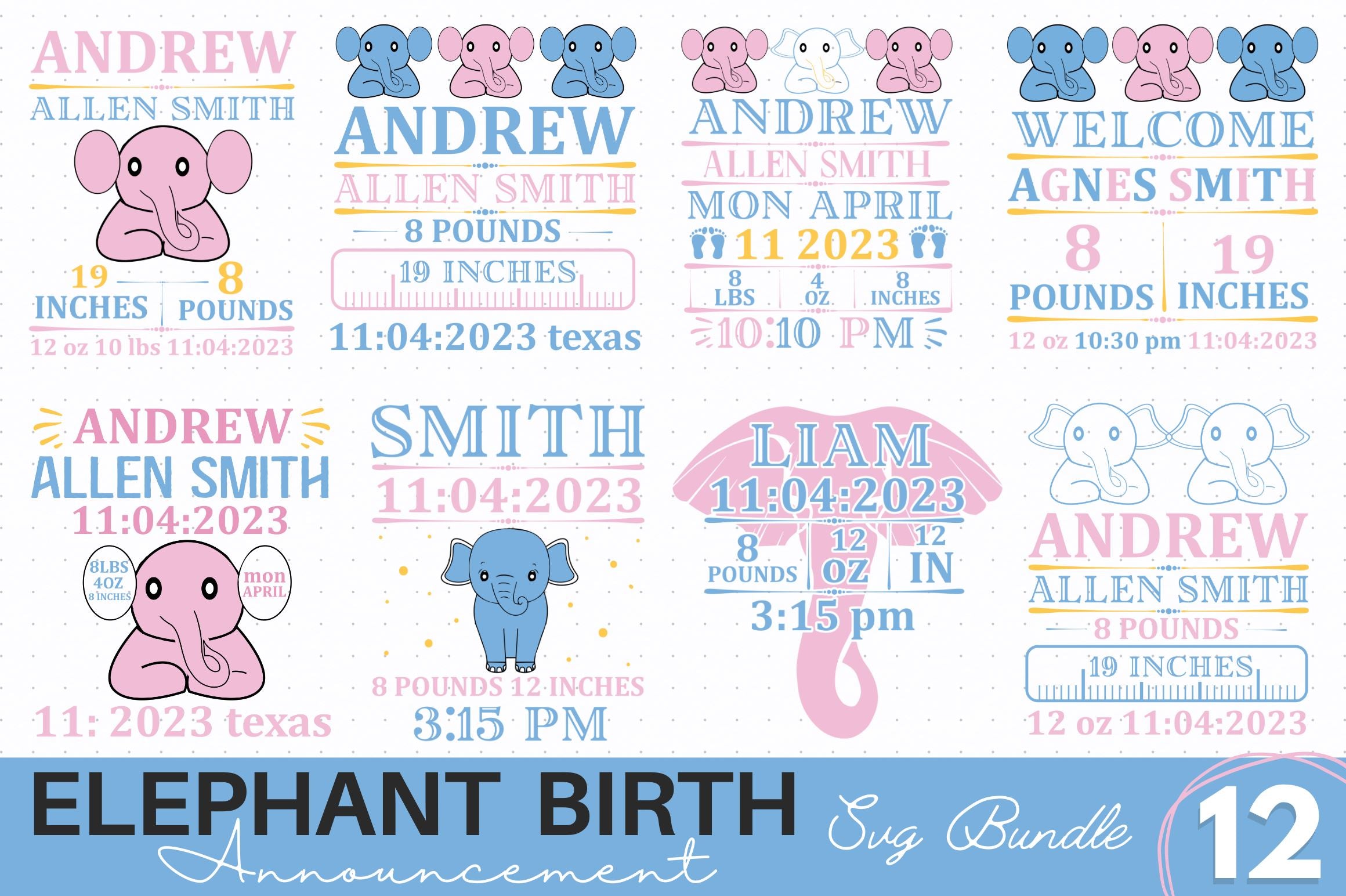 Elephant Birth Announcement SVG Bundle So Fontsy