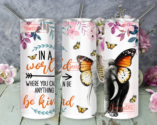 Elephant Butterfly Be Kind Tumbler Png, Elephant 20oz Sublimation Tumbler Wrap, Elephant Tumbler Png, 20oz Elephant Png,Elephant Tumbler Png Sublimation DesignSVG 