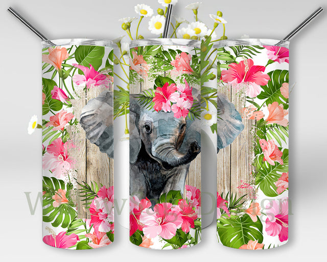 Elephant Floral Tumbler Wrap, Elephant 20oz Skinny Tumbler, Watercolor Baby Elephant Tumbler Png, Floral Design Png, Elephant Sublimation Design, Digital Download Sublimation WillowSageDesign 