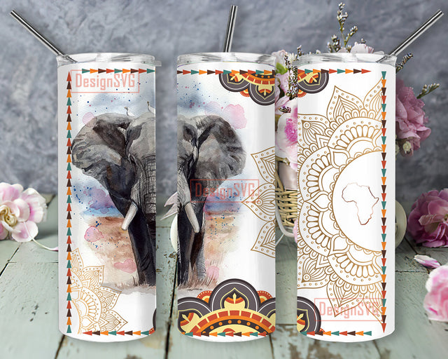 Elephant Mandala 20oz Skinny Tumbler, Elephant Tumbler Wrap, African Elephant Png, Elephant Sublimation Design, Watercolor Elephant Design Png, Instant Download Sublimation DesignSVG 