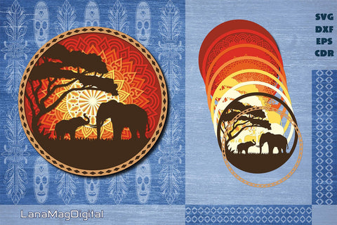 Elephant mandala svg, Layered Africa sunset, Papercraft 3D Paper LanaMagDigital 