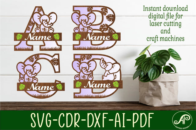 Elephant monogram letter bundle Name signs SVG 3 layer SVG APInspireddesigns 