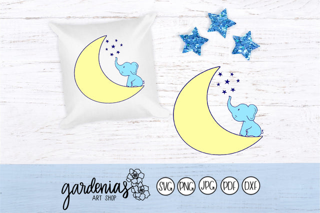 Elephant on Moon with Stars SVG Gardenias Art Shop 
