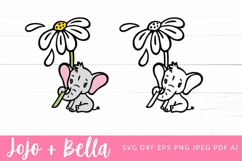 Elephant SVG, Daisy Svg, Baby Elephant svg, Cute Elephant SVG, Baby Animal Svg, Cut file, Baby Shower Svg, Silhouette, Cricut, Sublimation SVG Jojo&Bella 