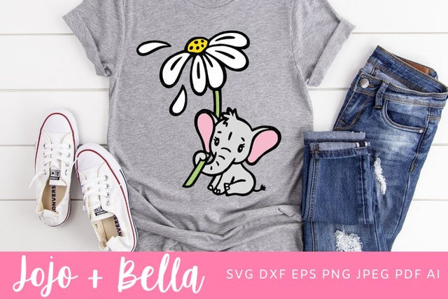 Elephant SVG, Daisy Svg, Baby Elephant svg, Cute Elephant SVG, Baby Animal Svg, Cut file, Baby Shower Svg, Silhouette, Cricut, Sublimation SVG Jojo&Bella 