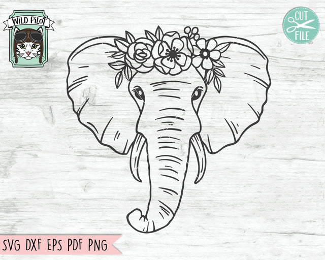 Elephant SVG file, Elephant with Flower Crown SVG, Elephant cut file, Animal Face svg, Floral Crown svg, Elephant with Flowers on Head svg, wild African svg SVG Wild Pilot 