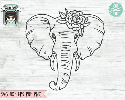 Elephant SVG file, Elephant with Flower SVG, Elephant cut file, Animal Face svg, Floral Elephant svg, Elephant with Flowers on Head svg, wild African svg SVG Wild Pilot 