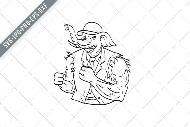 Elephant Wearing Baseball Cap with Ripped Torn Suit Jacket Ready for Fist Fight Line Art Drawing Black and White SVG Patrimonio Designs Limited 