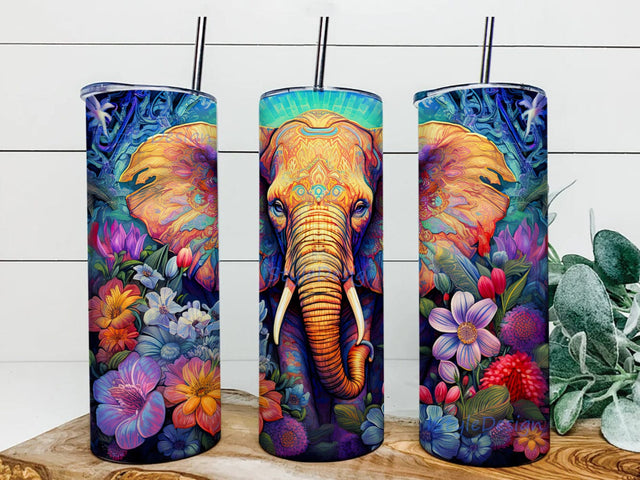 Elephant With Flowers 20oz Skinny Tumbler Png, Watercolor Elephant Tumbler, Flower Colorful Elephant Stained Glass Sublimation Png, Elephant Tumbler Design, Floral Elephant Sublimation iStyleDesign 