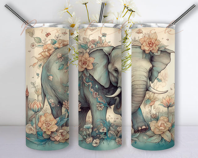 Elephants With Flowers 20oz Skinny Tumbler Png, Boho Watercolor Floral Animal Tumbler, Flower Tumbler Png, Elephant Tumbler Wrap, Elephant Lover, Gift For Her Sublimation PixelChick 