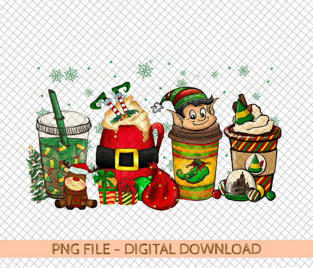 Elf coffee PNG, peppermint iced latte Christmas candy cane sweets snow cozy winter women Sublimation design hand drawn Printable file Tshirt Sublimation DiamondDesign 