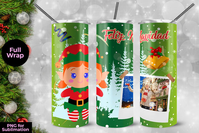 Elf Girl Feliz Navidad Frame Skinny Tumbler Wrap Template 20 oz Sublimation Sublimatiz Designs 