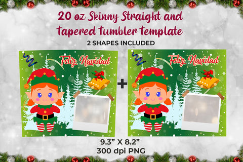 Elf Girl Feliz Navidad Frame Skinny Tumbler Wrap Template 20 oz Sublimation Sublimatiz Designs 