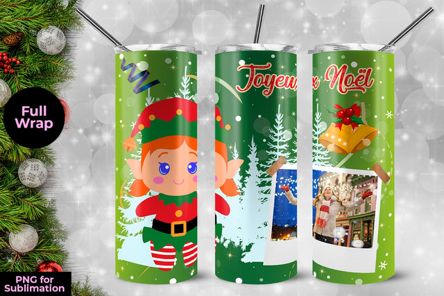 Elf Girl Joyeux Noël Frame Skinny Tumbler Wrap Template 20 oz Sublimation Sublimatiz Designs 