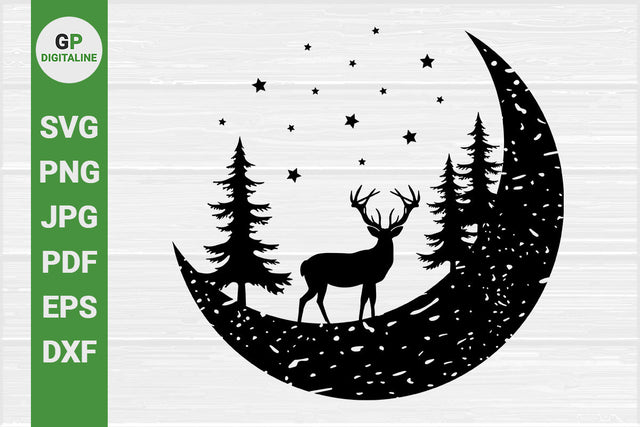 Elk on the Moon SVG, Horned Deer, Pine Trees, Stars SVG SVG GPDigitaline 