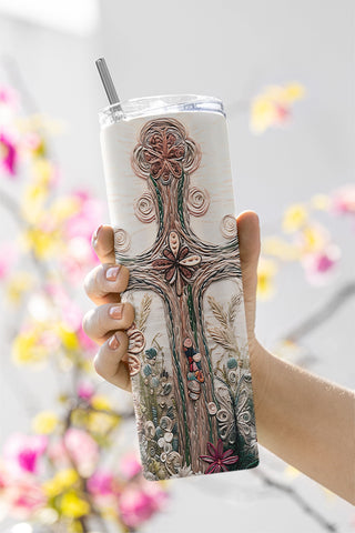 Embroidered Christian Cross 20 oz Skinny Tumbler Sublimation Design Digital Download PNG, Embroidery Flower Tumbler PNG Sublimation CaldwellArt 