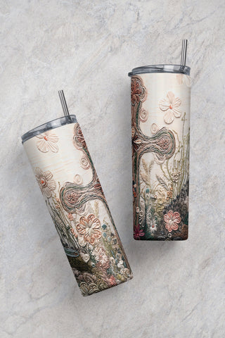 Embroidered Christian Cross 20 oz Skinny Tumbler Sublimation Design Digital Download PNG, Embroidery Flower Tumbler PNG Sublimation CaldwellArt 