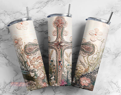 Embroidered Christian Cross 20 oz Skinny Tumbler Sublimation Design Digital Download PNG, Embroidery Flower Tumbler PNG Sublimation CaldwellArt 