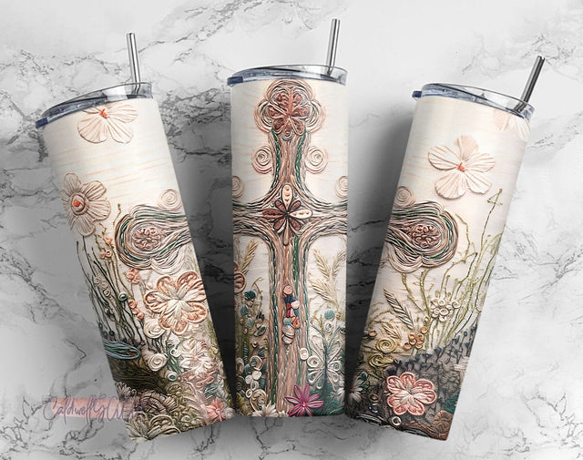 Embroidered Christian Cross 20 oz Skinny Tumbler Sublimation Design Digital Download PNG, Embroidery Flower Tumbler PNG Sublimation CaldwellArt 