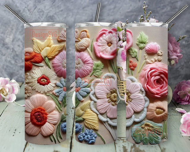 Embroidered Flowers 20oz Skinny Tumbler Sublimation Design, Embroidered Floral Seamless Skinny Tumbler Wrap, Floral, Wedding Wrap, Wedding Design Sublimation DesignSVG 