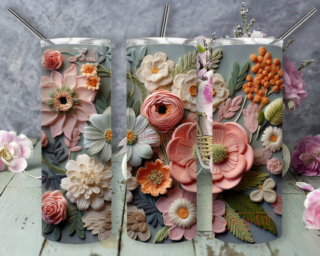 Embroidered Flowers 20oz Skinny Tumbler Sublimation Design, Embroidered Floral Seamless Skinny Tumbler Wrap, Floral, Wedding Wrap, Wedding Design Sublimation DesignSVG 