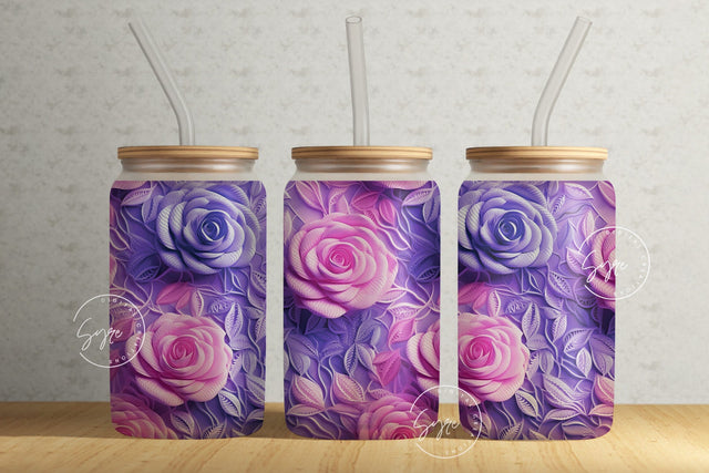 Embroidered Lace 3D Flowers Tumbler, Pink Rose, 16oz Libbey Glass Can Tumbler Sublimation Design, Wedding Tumbler, Flower Glass Can, Digital Sublimation Syre Digital Creations 