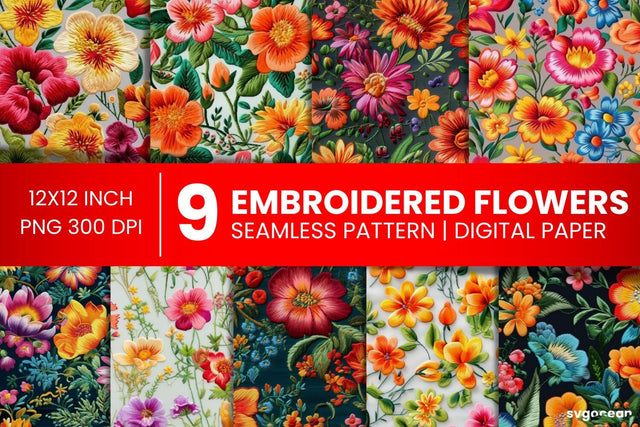 Embroidery Flowers Digital Paper Bundle | Background SVG SvgOcean 