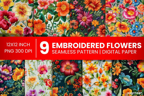 Embroidery Flowers Digital Paper Bundle | Background SVG SvgOcean 