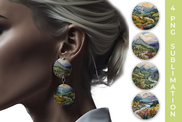 Embroidery Mountain Landscape Round Earrings PNG Free For Commercial Use Sublimation Sintegra 