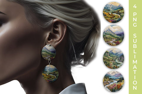 Embroidery Mountain Landscape Round Earrings PNG Free For Commercial Use Sublimation Sintegra 