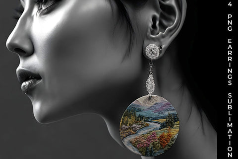 Embroidery Mountain Landscape Round Earrings PNG Free For Commercial Use Sublimation Sintegra 