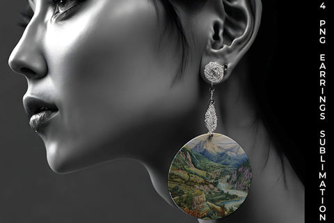 Embroidery Mountain Landscape Round Earrings PNG Free For Commercial Use Sublimation Sintegra 