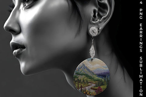 Embroidery Mountain Landscape Round Earrings PNG Free For Commercial Use Sublimation Sintegra 