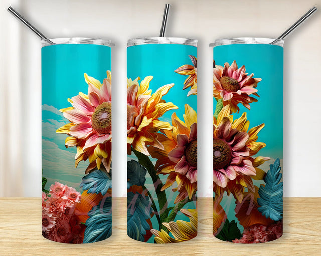 Embroidery Sunflowers 20oz Skinny Tumbler Png, Floral Seamless, Neon Rainbow Floral Seamless Png, Embroidery Sunflower Tumbler, Sunflower Tumbler Wrap Png Sublimation BouDesign 