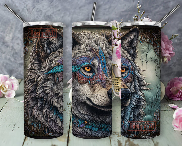 Embroidery Wolf Framed With Stones And Trees 20oz Skinny Tumbler Png, Wolf Trees Tumbler, Embroidery Wolf Tumbler, Wolf Lover Gift Tumbler, Embroidery Tumbler Sublimation DesignSVG 