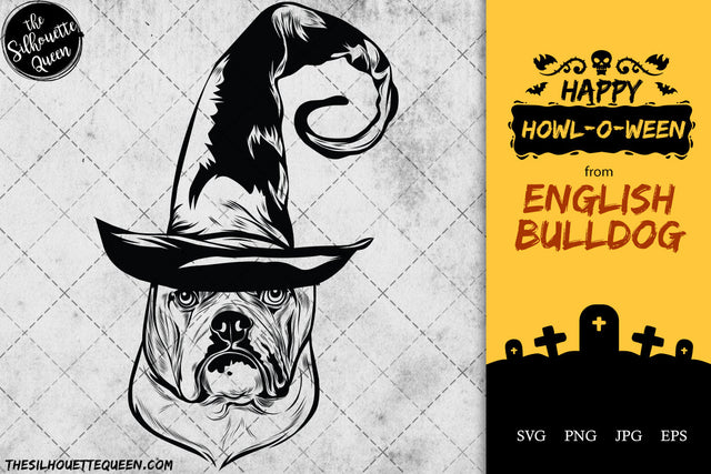 English Bulldog dog svg portrait clipart vector graphic art Witch hat Halloween dog Cricut cut file cuttable design SVG Loveleen Kaur 