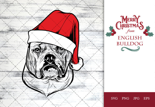 English Bulldog dog svg portrait clipart vector graphic art Xmas hat Christmas dog Cricut cut file cuttable design SVG Loveleen Kaur 