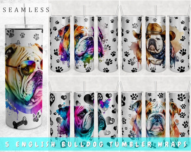 English Bulldog Tumbler Wraps Bundle, 20 Oz Skinny Tumbler English Bulldog Sublimation Designs, Seamless English Bulldog PNG, 5 Designs Sublimation HappyDesignStudio 