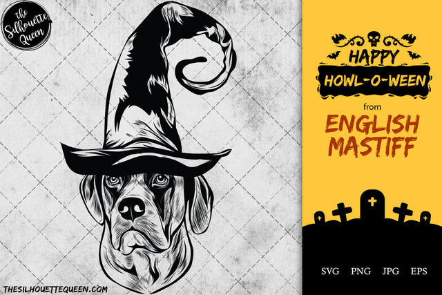 English Mastiff dog svg portrait clipart vector graphic art Witch hat Halloween dog Cricut cut file cuttable design SVG Loveleen Kaur 