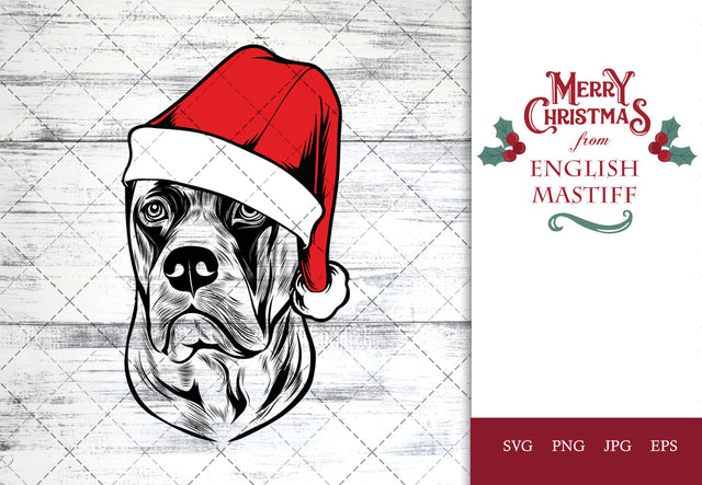 English Mastiff dog svg portrait clipart vector graphic art Xmas hat Christmas dog Cricut cut file cuttable design SVG Loveleen Kaur 