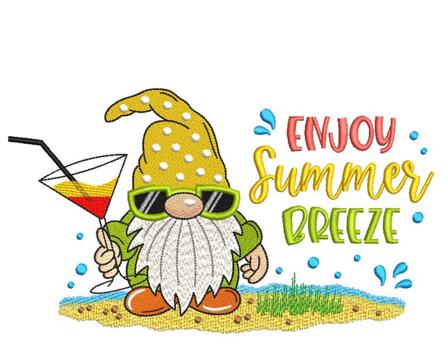 Enjoy Summer Gnome Embroidery Design, Gnome with a Сocktail Embroidery File, 3 sizes, Instant Download Embroidery/Applique DESIGNS Nino Nadaraia 
