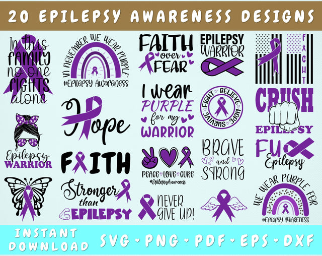 Epilepsy Awareness SVG Bundle, 20 Designs, Epilepsy Cricut Files, Purple Ribbon SVG, Epilepsy Awareness PNG SVG HappyDesignStudio 