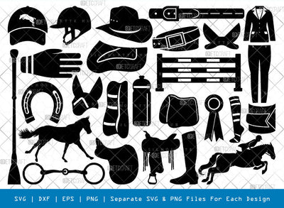 Equestrian SVG, Horseshoe Silhouette, Riding boot Svg, Riding Helmet Svg, Snaffle Bit Svg, Horse Jumps Svg, Whip Svg, Show Ribbon Svg, Equestrian Bundle SVG ETC Craft 
