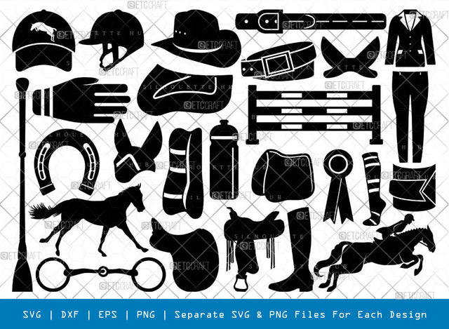 Equestrian SVG, Horseshoe Silhouette, Riding boot Svg, Riding Helmet Svg, Snaffle Bit Svg, Horse Jumps Svg, Whip Svg, Show Ribbon Svg, Equestrian Bundle SVG ETC Craft 