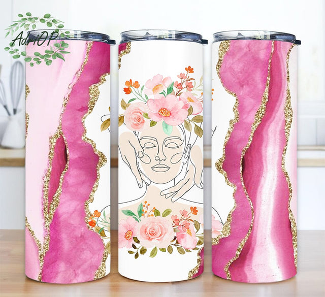 Esthetician 20oz Skinny Tumbler Sublimation, Beauty Therapist Tumbler Png, Spa Tumbler, Esthetician Tumbler, Glitter Gold Pink Tumbler, Beauty Flowers Tumbler Sublimation AdriOP 