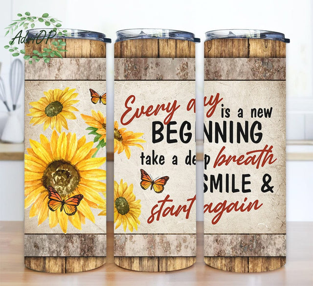 Every Day Is A New Beginning 20oz Skinny Tumbler Png, Sunflowers Butterfly Floral Rustic, Rustic Wood Sunflower Tumbler Sublimation AdriOP 