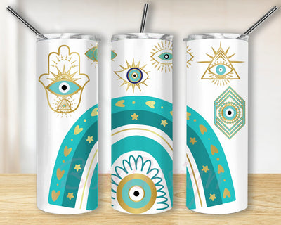 Evil Eye Rainbow 20oz Tumbler Png, Hamsa Evil Eye Tumbler Design, Turquoise Rainbow Design Png, Turkish Evil Eye Tumbler With Lid And Straw, Instant Download Sublimation BouDesign 