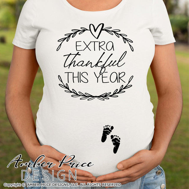 Extra Thankful this Year SVG | Thanksgiving Pregnancy Reveal SVG PNG DXF | Baby feet Fall Maternity SVG SVG Amber Price Design 