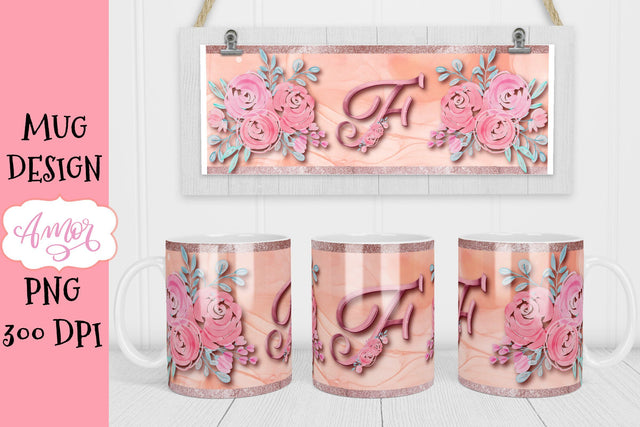 F Monogram mug design for sublimation, letter F mug PNG Sublimation Amorclipart 