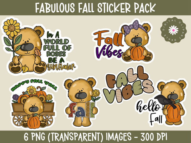 Fabulous Fall Sticker Pack - 6 Autumn-themed Stickers - Fall Sticker Pack Sublimation Digital Clipart Deals 